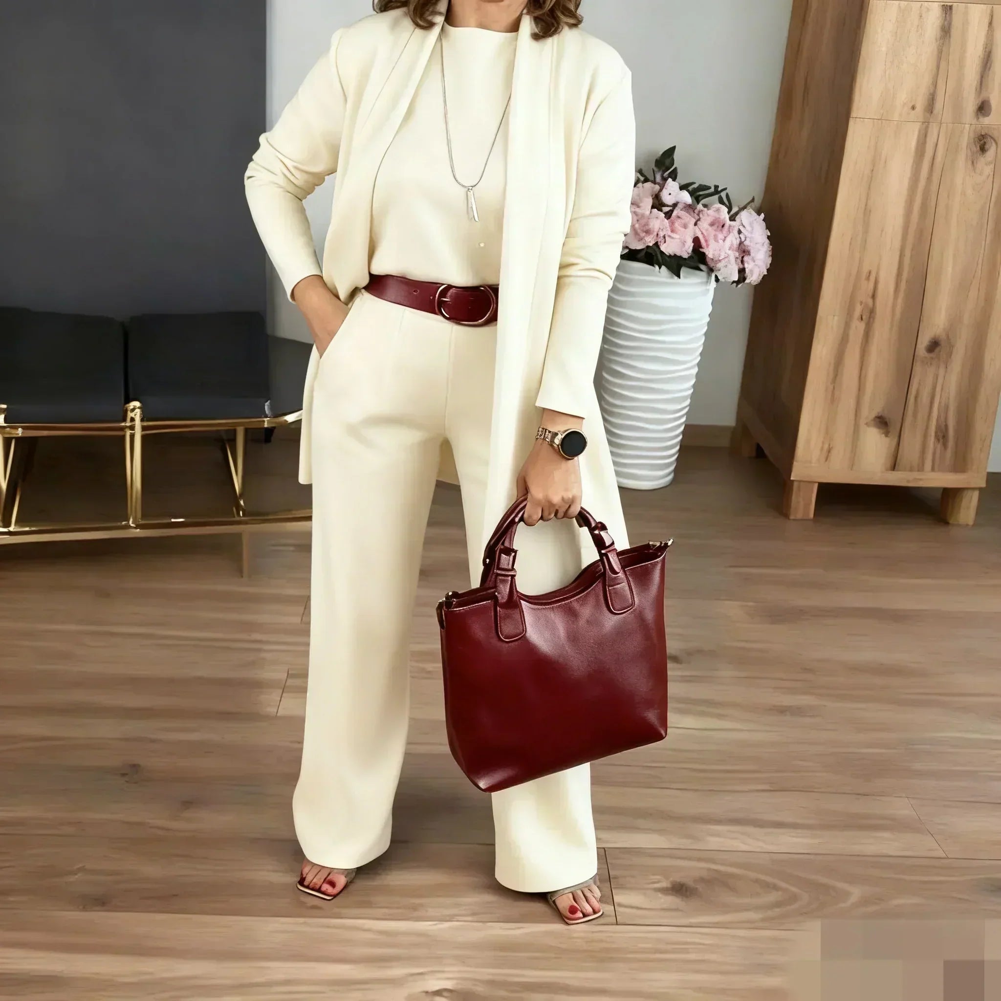 Elena – Elegantes Damen-Set mit 3 Teilen (Cardigan, Oberteil und Hose)