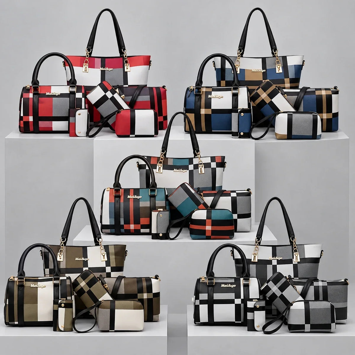 Élodie | 6-teiliges Damen-Handtaschen-Set – Shopper, Henkeltasche, Umhängetasche, Clutch & Geldbörse