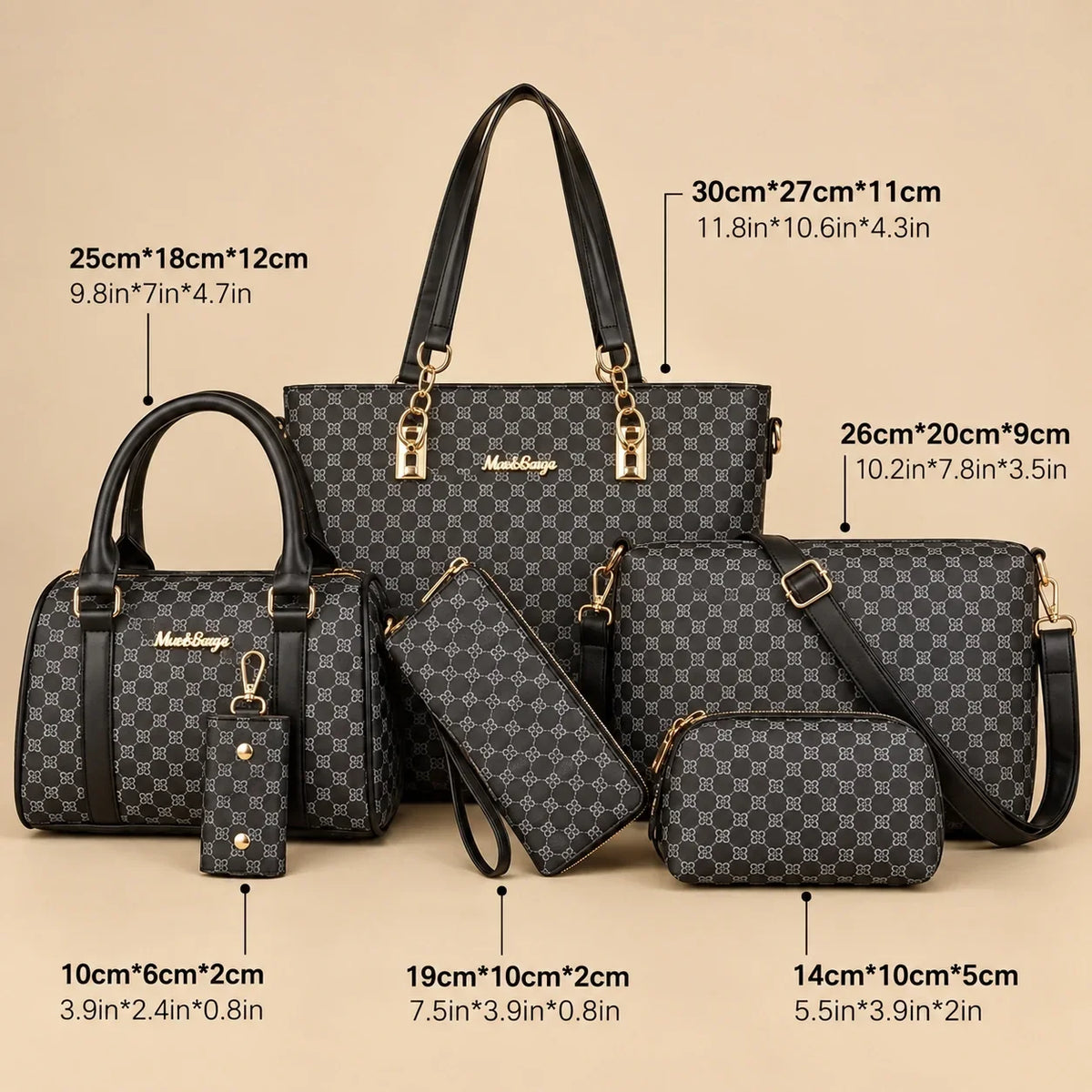Bohème | 6-teiliges Damen-Handtaschen-Set – Shopper, Handtasche, Clutch, Umhängetasche, Geldbörse & Schlüsseletui