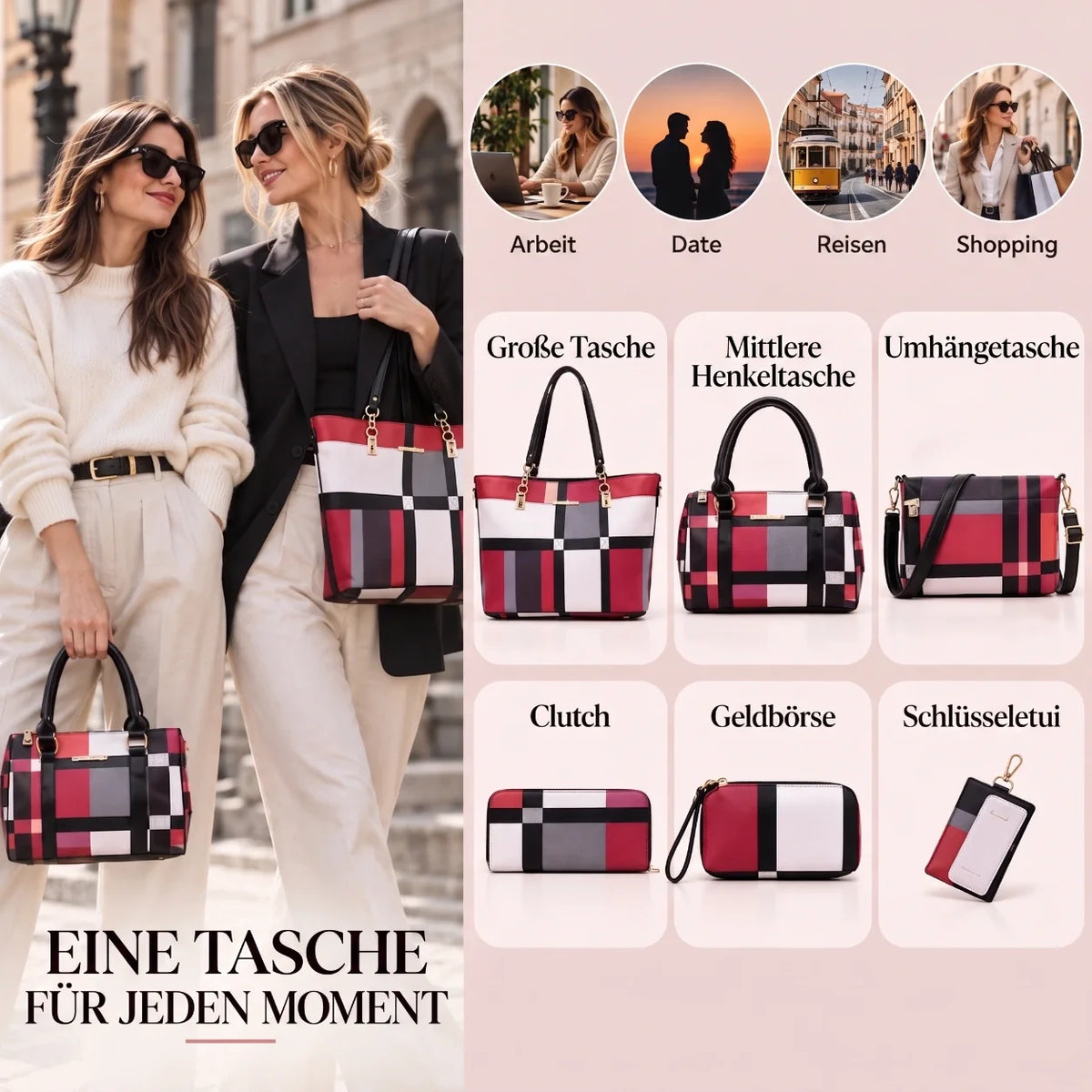 Élodie | 6-teiliges Damen-Handtaschen-Set – Shopper, Henkeltasche, Umhängetasche, Clutch & Geldbörse